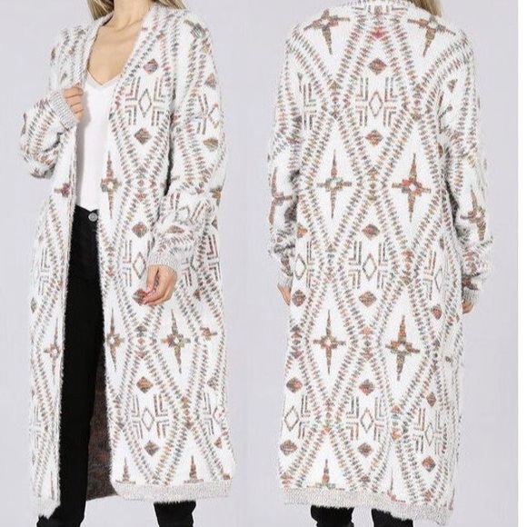 81. COST 🛑 OVERSIZED multicolor Cream Maxi Duster Sweater Cardigan Aztec boho - Picture 2 of 6